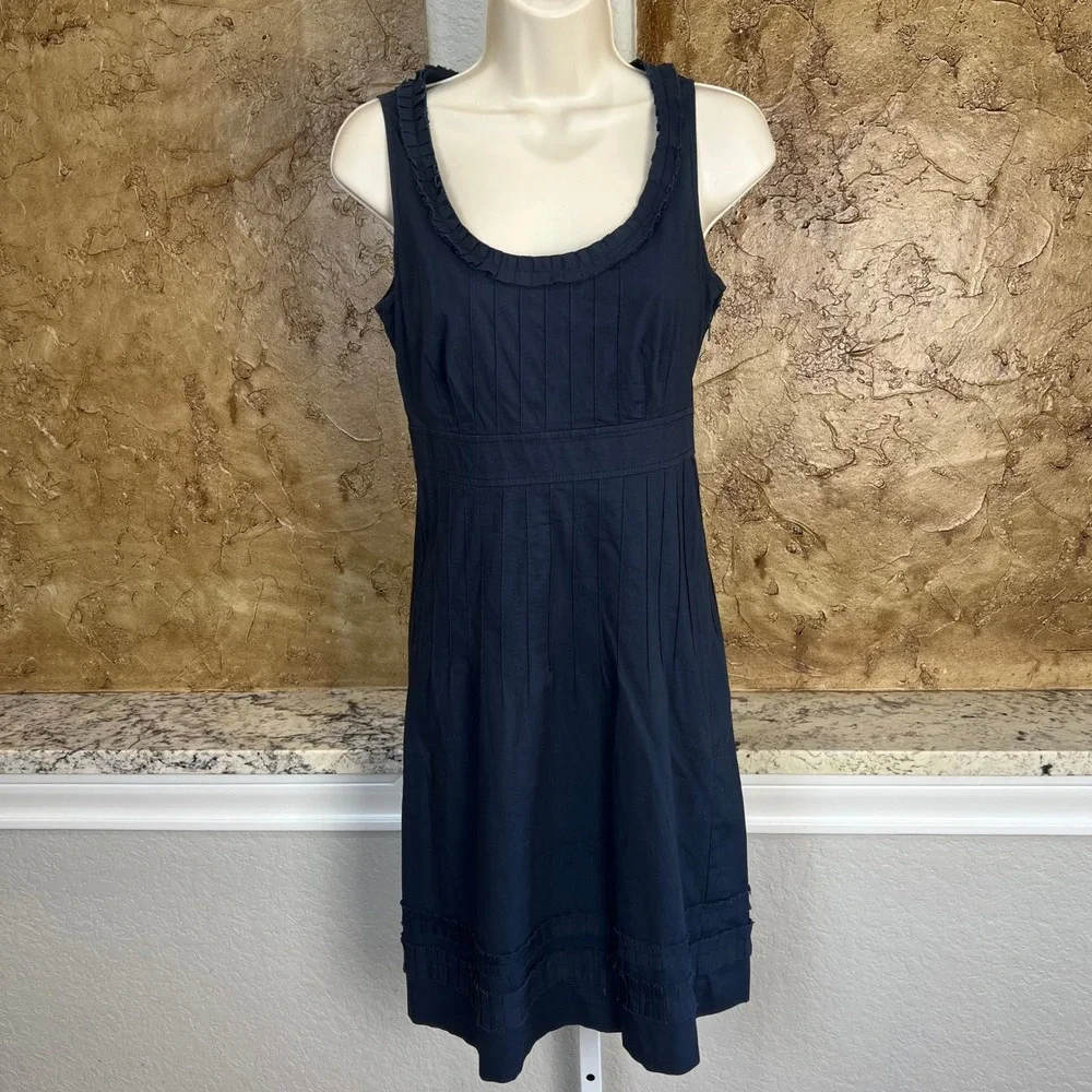 Tory Burch Pleated Sheath Dress Size 2 Navy Blue Sleeveless Ruffle Trim Preppy